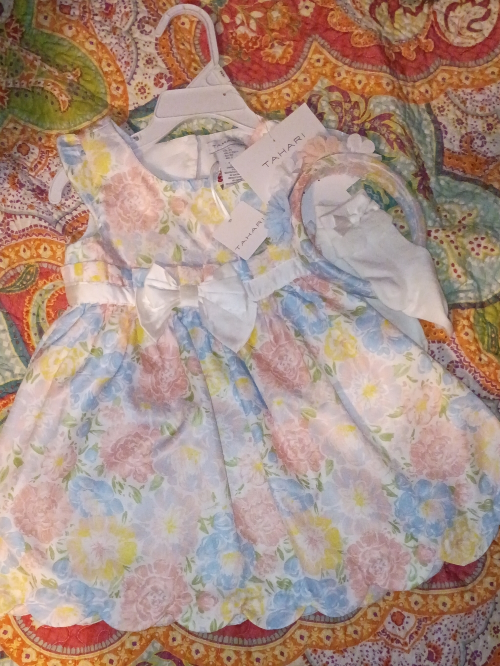 Tahari Pastel Floral Dress with Satin Bow, Matching Headband And Socks